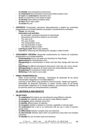 -   To identify some atmospheric phenomena.
    -   To understand that atmospheric phenomena affect people’s lives.
    -   To read and understand a descriptive text.
    -   To do an experiment on the states of water.
    -   To develop observational analytical skills.
    -   To learn how to save water.
    -   To review the unit.

   CONTENTS: Comprender, estructurar adecuadamente e integrar los contenidos
    programados en la Unidad didáctica (conceptos, procedimientos y actitudes):
    - Theme: Air and water.
    - Information and activities:
        Air and water: necessary elements for living things.
        Atmospheric phenomena related to air and water.
        The uses of air.
        The uses of water.
        The characteristics of air.
        The characteristics of water.
        The different states of water.
    - Learning to read: What crazy weather!
    - I can do it: Observing and describing the changes in state of water.

   ASSESSMENT CRITERIA: Responder positivamente los criterios de evaluación
    programados en la Unidad didáctica:
    - Understanding that air and water are necessary for living things.
    - Appreciating the characteristics of air.
    - Recognising the characteristics of water and how they change with heat and
       cold.
    - Identifying the different atmospheric phenomena: wind, fog, rain, snow, clouds.
    - Distinguishing the elements of nature which are made basically of water.
    - Recognising the usefulness of water and wind.
    - Reflecting on the need to save water.

   TEMAS TRANSVERSALES:
    - Water (Cross-curricular: Solidarity) : Actividades de desarrollo de los temas
      transversales integrados en la Unidad didáctica.
    - Learning to read (What crazy weather!) (Cross-curricular: Health and hygiene) :
      Actividades de desarrollo (Education in values: Saving water) de los temas
      transversales integrados en la Unidad didáctica, que promueve la reflexión de
      los alumnos sobre sus comportamientos y actitudes.

    10.- MATERIALS AND OBJECTS

   OBJECTIVES:
    - To understand that objects are manufactured using different materials.
    - To identify the materials which are used to make different objects.
    - To recognise where materials come from.
    - To identify different types of materials.
    - To recognise whether a material is of animal, vegetable or mineral origin.
    - To understand that a tool is an instrument that we use in order to perform
      certain tasks.
    - To differentiate between complex tools and machines.
    - To discriminate between tasks which are performed using tools and complex
      machinery.
    - To identify the use of certain tools and machines.

               C/ Cea, s/n - 24010 - León                 Telf. 987 23 80 27 - Fax: 987 07 53 86                  46
        Página web: http://centros.educa.jcyl.es/cpantoniovalbuena - Correo electrónico: 24016274@educa.jcyl.es
 