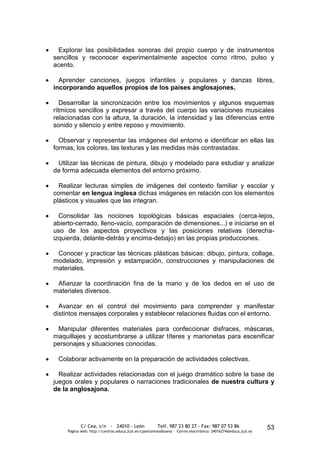 Explorar las posibilidades sonoras del propio cuerpo y de instrumentos
sencillos y reconocer experimentalmente aspectos como ritmo, pulso y
acento.

  Aprender canciones, juegos infantiles y populares y danzas libres,
incorporando aquellos propios de los países anglosajones.

   Desarrollar la sincronización entre los movimientos y algunos esquemas
rítmicos sencillos y expresar a través del cuerpo las variaciones musicales
relacionadas con la altura, la duración, la intensidad y las diferencias entre
sonido y silencio y entre reposo y movimiento.

  Observar y representar las imágenes del entorno e identificar en ellas las
formas, los colores, las texturas y las medidas más contrastadas.

 Utilizar las técnicas de pintura, dibujo y modelado para estudiar y analizar
de forma adecuada elementos del entorno próximo.

  Realizar lecturas simples de imágenes del contexto familiar y escolar y
comentar en lengua inglesa dichas imágenes en relación con los elementos
plásticos y visuales que las integran.

  Consolidar las nociones topológicas básicas espaciales (cerca-lejos,
abierto-cerrado, lleno-vacío, comparación de dimensiones...) e iniciarse en el
uso de los aspectos proyectivos y las posiciones relativas (derecha-
izquierda, delante-detrás y encima-debajo) en las propias producciones.

 Conocer y practicar las técnicas plásticas básicas: dibujo, pintura, collage,
modelado, impresión y estampación, construcciones y manipulaciones de
materiales.

 Afianzar la coordinación fina de la mano y de los dedos en el uso de
materiales diversos.

  Avanzar en el control del movimiento para comprender y manifestar
distintos mensajes corporales y establecer relaciones fluidas con el entorno.

 Manipular diferentes materiales para confeccionar disfraces, máscaras,
maquillajes y acostumbrarse a utilizar títeres y marionetas para escenificar
personajes y situaciones conocidas.

 Colaborar activamente en la preparación de actividades colectivas.

  Realizar actividades relacionadas con el juego dramático sobre la base de
juegos orales y populares o narraciones tradicionales de nuestra cultura y
de la anglosajona.




            C/ Cea, s/n - 24010 - León                 Telf. 987 23 80 27 - Fax: 987 07 53 86                  53
     Página web: http://centros.educa.jcyl.es/cpantoniovalbuena - Correo electrónico: 24016274@educa.jcyl.es
 