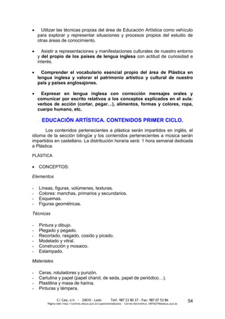 Utilizar las técnicas propias del área de Educación Artística como vehículo
    para explorar y representar situaciones y procesos propios del estudio de
    otras áreas de conocimiento.

      Asistir a representaciones y manifestaciones culturales de nuestro entorno
    y del propio de los países de lengua inglesa con actitud de curiosidad e
    interés.

      Comprender el vocabulario esencial propio del área de Plástica en
    lengua inglesa y valorar el patrimonio artístico y cultural de nuestro
    país y países anglosajones.

     Expresar en lengua inglesa con corrección mensajes orales y
    comunicar por escrito relativos a los conceptos explicados en el aula:
    verbos de acción (cortar, pegar…), alimentos, formas y colores, ropa,
    cuerpo humano, etc.

      EDUCACIÓN ARTÍSTICA. CONTENIDOS PRIMER CICLO.
       Los contenidos pertenecientes a plástica serán impartidos en inglés, el
idioma de la sección bilingüe y los contenidos pertenecientes a música serán
impartidos en castellano. La distribución horaria será: 1 hora semanal dedicada
a Plástica.

PLÁSTICA

    CONCEPTOS:

Elementos

-   Líneas, figuras, volúmenes, texturas.
-   Colores: manchas, primarios y secundarios.
-   Esquemas.
-   Figuras geométricas.

Técnicas

-   Pintura y dibujo.
-   Plegado y pegado.
-   Recortado, rasgado, cosido y picado.
-   Modelado y vitral.
-   Construcción y mosaico.
-   Estampado.

Materiales

-   Ceras, rotuladores y punzón.
-   Cartulina y papel (papel charol, de seda, papel de periódico…).
-   Plastilina y masa de harina.
-   Pinturas y témpera.

                C/ Cea, s/n - 24010 - León                 Telf. 987 23 80 27 - Fax: 987 07 53 86                  54
         Página web: http://centros.educa.jcyl.es/cpantoniovalbuena - Correo electrónico: 24016274@educa.jcyl.es
 