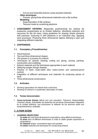  Cut out and assemble pictures using recycled materials.
    -   Other techniques:
         Process: gluing three dimensional materials onto a flat surface.
    -   Modelling:
         Superimposition of flat surfaces.
         Textures made by scratching plasticine.

   ASSESSMENT CRITERIA: Responder positivamente los criterios de
    evaluación programados en la Unidad didáctica: Identifying materials and
    resources for the Art class; Using guidelines for drawing simple elements
    with precision; Colouring in with plasticine in an individual way; Applying
    work processes; Producing three dimensional objects following a plan and
    integrating different materials.

1. CONTENIDOS.

1.1.    Conceptos y Procedimientos:

   Visual textures.
   Two and three dimensional shapes.
   The phases in a process for artwork.
   Techniques for artwork: drawing, cutting out, gluing, scoring, painting,
    construction and modelling.
   Artwork materials and the techniques appropriate to each material.
   Obtaining images though drawing.
   Practice of basic motor-skills (fine motor-control and pressure-pencil
    control).
   Integration of different techniques and materials for producing pieces of
    work.
   Three-dimensional constructions.

1.2.    Actitudes:

   Showing appreciation for artwork that is well done.
   Showing an interest in a systematic observation of reality.


1.3.    Temas transversales:

   Cross-curricular themes (Moral and civic education: Tolerance, Responsibility)
    (Teacher’s Book): Actividades de desarrollo de los temas transversales integrados
    en la Unidad didáctica, que promueven la reflexión de los alumnos sobre sus
    comportamientos y actitudes.

7.- A PARK SCENE

   LEARNING OBJECTIVES:
    - To make two and three dimensional compositions using different techniques.
    - To draw lines of different thicknesses in order to obtain greater expression in
      compositions.
    - To interpret simple, conventional signs and symbols.
    - To select materials and techniques for constructing artwork.

                C/ Cea, s/n - 24010 - León                 Telf. 987 23 80 27 - Fax: 987 07 53 86                  67
         Página web: http://centros.educa.jcyl.es/cpantoniovalbuena - Correo electrónico: 24016274@educa.jcyl.es
 