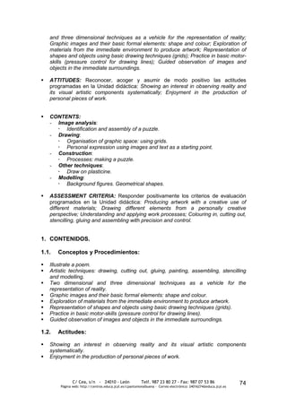 and three dimensional techniques as a vehicle for the representation of reality;
    Graphic images and their basic formal elements: shape and colour; Exploration of
    materials from the immediate environment to produce artwork; Representation of
    shapes and objects using basic drawing techniques (grids); Practice in basic motor-
    skills (pressure control for drawing lines); Guided observation of images and
    objects in the immediate surroundings.

   ATTITUDES: Reconocer, acoger y asumir de modo positivo las actitudes
    programadas en la Unidad didáctica: Showing an interest in observing reality and
    its visual artistic components systematically; Enjoyment in the production of
    personal pieces of work.


   CONTENTS:
    - Image analysis:
       Identification and assembly of a puzzle.
    - Drawing:
       Organisation of graphic space: using grids.
       Personal expression using images and text as a starting point.
    - Construction:
       Processes: making a puzzle.
    - Other techniques:
       Draw on plasticine.
    - Modelling:
       Background figures. Geometrical shapes.

   ASSESSMENT CRITERIA: Responder positivamente los criterios de evaluación
    programados en la Unidad didáctica: Producing artwork with a creative use of
    different materials; Drawing different elements from a personally creative
    perspective; Understanding and applying work processes; Colouring in, cutting out,
    stencilling, gluing and assembling with precision and control.


1. CONTENIDOS.

1.1.   Conceptos y Procedimientos:

   Illustrate a poem.
   Artistic techniques: drawing, cutting out, gluing, painting, assembling, stencilling
    and modelling.
   Two dimensional and three dimensional techniques as a vehicle for the
    representation of reality.
   Graphic images and their basic formal elements: shape and colour.
   Exploration of materials from the immediate environment to produce artwork.
   Representation of shapes and objects using basic drawing techniques (grids).
   Practice in basic motor-skills (pressure control for drawing lines).
   Guided observation of images and objects in the immediate surroundings.

1.2.   Actitudes:

   Showing an interest in observing reality and its visual artistic components
    systematically.
   Enjoyment in the production of personal pieces of work.



               C/ Cea, s/n - 24010 - León                 Telf. 987 23 80 27 - Fax: 987 07 53 86                  74
        Página web: http://centros.educa.jcyl.es/cpantoniovalbuena - Correo electrónico: 24016274@educa.jcyl.es
 