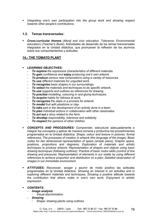    Integrating one’s own participation into the group work and showing respect
    towards other people’s contributions.


1.3.   Temas transversales:

   Cross-curricular themes (Moral and civic education: Tolerance; Environmental
    education) (Teacher’s Book): Actividades de desarrollo de los temas transversales
    integrados en la Unidad didáctica, que promueven la reflexión de los alumnos
    sobre sus comportamientos y actitudes.

14.- THE TOMATO PLANT


   LEARNING OBJECTIVES:
    - To explore the expressive characteristics of different materials.
    - To gain confidence and enjoy producing one’s own artwork.
    - To produce various new compositions using a variety of resources.
    - To use different materials for unguided work.
    - To recognise basic shapes in our surroundings.
    - To select the materials and techniques to do specific artwork.
    - To use supports and outlines as references for drawing.
    - To practise modelling, colouring in and gluing techniques.
    - To acquire habits for tidiness at work.
    - To recognise the steps in a process for artwork.
    - To model fruit with plasticine or clay.
    - To take part in the development of an activity done in a team.
    - To plan individual actions in collaboration with other classmates.
    - To act out a story related to the farm.
    - To develop responsibility, tolerance and solidarity.
    - To respect the opinions of other children.

   CONCEPTS AND PROCEDURES: Comprender, estructurar adecuadamente e
    integrar los conceptos y aplicar de manera correcta y productiva los procedimientos
    programados en la Unidad didáctica: Shape, colour and texture in pictures: formal
    references; The processes of creation in artwork (the language of the image); Basic
    codes for two dimensional representation of space (simple plans); Graphic space,
    positions, proportions and diagrams; Exploration of materials and artistic
    techniques to produce artwork; Representation of shapes and objects using basic
    drawing techniques (following outlines); Practice of basic motor-skills (control of line
    drawing and pressure); Representation of elements in our reality by using different
    references to achieve proportion and distribution on a plan; Detailed observation of
    images in our immediate environment.

   ATTITUDES: Reconocer, acoger y asumir de modo positivo las actitudes
    programadas en la Unidad didáctica: Showing an interest in art activities and in
    exploring different materials and techniques; Showing a positive attitude towards
    the contribution that others make in one’s own work; Enjoyment in artistic
    expression.

   CONTENTS:
    - Image analysis:
       Visual discrimination.
    - Drawing:
       Shape: drawing plants using outlines.

               C/ Cea, s/n - 24010 - León                 Telf. 987 23 80 27 - Fax: 987 07 53 86                  78
        Página web: http://centros.educa.jcyl.es/cpantoniovalbuena - Correo electrónico: 24016274@educa.jcyl.es
 