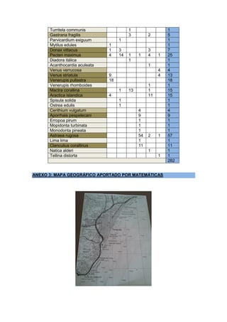 Turritela communis 1 1
Gastrana fragilis 3 2 5
Parvicardium exiguum 1 1
Mytilus edules 1 1
Donax vittacus 1 3 3 7
Pecten maximus 4 14 1 1 4 1 25
Diadora itálica 1 1
Acanthocardia aculeata 1 1
Venus verrucosa 4 4
Venus striatula 9 4 13
Venerupis pullastra 18 18
Venerupis rhomboides 1 1
Mactra corallina 1 13 1 15
Aractica islandica 4 11 15
Spisula solida 1 1
Ostrea edulis 1 1
Cerithium vulgatum 4 4
Aporrhais pespelecani 9 9
Erropoa pirum 1 1
Mopidonta turbinata 1 1
Monodonta pineata 1 1
Astraea rugosa 54 2 1 57
Lima lima 1 1
Clanculius corallinus 11 11
Natica alderi 1 1
Tellina distorta 1 1
282
ANEXO 3: MAPA GEOGRÁFICO APORTADO POR MATEMÁTICAS
 