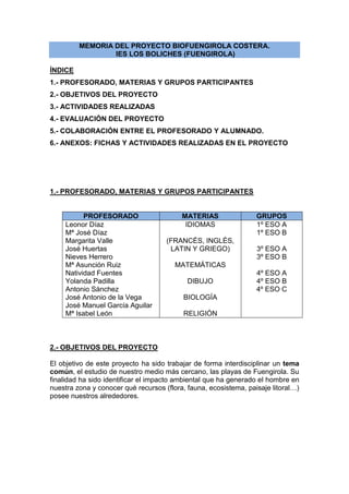 MEMORIA DEL PROYECTO BIOFUENGIROLA COSTERA.
IES LOS BOLICHES (FUENGIROLA)
ÍNDICE
1.- PROFESORADO, MATERIAS Y GRUPOS PARTICIPANTES
2.- OBJETIVOS DEL PROYECTO
3.- ACTIVIDADES REALIZADAS
4.- EVALUACIÓN DEL PROYECTO
5.- COLABORACIÓN ENTRE EL PROFESORADO Y ALUMNADO.
6.- ANEXOS: FICHAS Y ACTIVIDADES REALIZADAS EN EL PROYECTO
1.- PROFESORADO, MATERIAS Y GRUPOS PARTICIPANTES
PROFESORADO MATERIAS GRUPOS
Leonor Díaz
Mª José Díaz
Margarita Valle
José Huertas
Nieves Herrero
Mª Asunción Ruiz
Natividad Fuentes
Yolanda Padilla
Antonio Sánchez
José Antonio de la Vega
José Manuel García Aguilar
Mª Isabel León
IDIOMAS
(FRANCÉS, INGLÉS,
LATIN Y GRIEGO)
MATEMÁTICAS
DIBUJO
BIOLOGÍA
RELIGIÓN
1º ESO A
1º ESO B
3º ESO A
3º ESO B
4º ESO A
4º ESO B
4º ESO C
2.- OBJETIVOS DEL PROYECTO
El objetivo de este proyecto ha sido trabajar de forma interdisciplinar un tema
común, el estudio de nuestro medio más cercano, las playas de Fuengirola. Su
finalidad ha sido identificar el impacto ambiental que ha generado el hombre en
nuestra zona y conocer qué recursos (flora, fauna, ecosistema, paisaje litoral…)
posee nuestros alrededores.
 