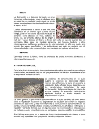 Basura

La destrucción y el deterioro del suelo son muy
frecuentes en las ciudades y sus alrededores, pero
se presentan en cualquier parte donde se arroje
basura o sustancias contaminantes al suelo mismo,
al agua o al aire.

Cuando amontonamos la basura al aire libre, ésta
permanece en un mismo lugar durante mucho
tiempo, parte de la basura orgánica (residuos de
alimentos como cáscaras de fruta, pedazos de
tortilla, etc.) se fermenta, además de dar origen a
mal olor y gases tóxicos, al filtrarse a través del suelo en especial cuando éste es
permeable, (deja pasar los líquidos) contamina con hongos, bacteria, y otros
microorganismos patógenos (productores de enfermedades), no sólo ese suelo, sino
también las aguas superficiales y las subterráneas que están en contacto con él,
interrumpiendo los ciclos biogeoquímicos y contaminado las cadenas alimenticias.

       Naturales

Obtenidos en base a plantas, como los piretroides del piretro, la nicotina del tabaco, la
rotenona del barbasco, etc.


4.15 CONSECUENCIAS.

Dada la facilidad de transmisión de contaminantes del suelo a otros medios como el agua
o la atmósfera, serán estos factores los que generan efectos nocivos, aun siendo el suelo
el responsable indirecto del daño.

                                       La presencia de contaminantes en un suelo
                                       supone la existencia de potenciales efectos
                                       nocivos para el hombre, la fauna en general y la
                                       vegetación. Estos efectos tóxicos dependerán de
                                       las características toxicológicas de cada
                                       contaminante y de la concentración del mismo. La
                                       enorme variedad de sustancias contaminantes
                                       existentes implica un amplio espectro de
                                       afecciones toxicológicas.

De forma general, la presencia de contaminantes en el suelo se refleja de forma directa
sobre la vegetación induciendo su degradación, la reducción del número de especies
presentes en ese suelo, y más frecuentemente la acumulación de contaminantes en las
plantas, sin generar daños notables en estas. En el hombre, los efectos se restringen a la
ingestión y contacto dérmico, que en algunos casos ha desembocado en intoxicaciones
por metales pesados y más fácilmente por compuestos orgánicos volátiles o semivolátiles.

Absorbidos y acumulados por la vegetación, los contaminantes del suelo pasan a la fauna
en dosis muy superiores a las que podrían hacerlo por ingestión de tierra.
                                                                                       14
 