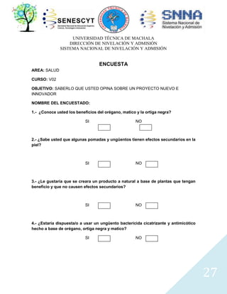 UNIVERSIDAD TÉCNICA DE MACHALA
DIRECCIÓN DE NIVELACIÓN Y ADMISIÓN
SISTEMA NACIONAL DE NIVELACIÓN Y ADMISIÓN

ENCUESTA
AREA: SALUD
CURSO: V02
OBJETIVO: SABERLO QUE USTED OPINA SOBRE UN PROYECTO NUEVO E
INNOVADOR
NOMBRE DEL ENCUESTADO:
1.- ¿Conoce usted los beneficios del orégano, matico y la ortiga negra?
SI

NO

2.- ¿Sabe usted que algunas pomadas y ungüentos tienen efectos secundarios en la
piel?

SI

NO

3.- ¿Le gustaría que se creara un producto a natural a base de plantas que tengan
beneficio y que no causen efectos secundarios?

SI

NO

4.- ¿Estaría dispuesta/o a usar un ungüento bactericida cicatrizante y antimicótico
hecho a base de orégano, ortiga negra y matico?
SI

NO

27

 