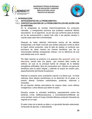 UNIVERSIDAD TÉCNICA DE MACHALA
CURSO DE NIVELACIÓN Y ADMISIÓN
ÁREA DE ESTUDIO: SALUD
PROYECTO DE BIOLOGIA

1. INTRODUCCIÓN
1.1. ANTECEDENTES DE LA PROBLEMÁTICA
1.1.1. CONTEXTUALIZACIÓN DE LA PROBLEMÁTICA EN RELACIÓN CON
SU HISTORIA
En la antigüedad se tomaba indiscriminadamente los productos
naturales y energizantes químicos que pudiesen ocasionar efectos
secundarios en el organismo es por eso que conforme pasa el tiempo
se ha ido evolucionando y dando más valor a las plantas siempre y
cuando estas sean bien suministradas.
Después de haber obtenido información acerca de las bebidas
energizantes y de haber conocido que existen perjuicios contra la salud
al ingerir dichos productos, nace la idea de realizar un producto que
promueva de cierta manera los mismos beneficios que las ya
mencionadas bebidas energizantes ofrecen, con la diferencia de que
esta bebida será un té natural .
Por tales razones se propone a la guayusa (Ilex guayusa) como una
alternativa, siendo ésta una planta que contiene altos niveles de
cafeína, (el cual es la principal fuente de energía de la bebidas
energéticas artificiales), llena de compuestos que ofrecen una gama de
beneficios para la salud integral, y además es propia de nuestro país,
específicamente del Oriente Ecuatoriano.
Además re propone como endulzante natural a la Stevia que no tiene
caloríasy tiene efectos beneficiosos en la absorción de la grasa y la
presión arterial. Contiene carbohidratos, proteínas, vitaminas y
minerales.
No se reportan efectos secundarios de ninguna clase, como efectos
mutagénicos u otros efectos que dañen la salud.
Estudios anotan su actividad antibiótica, especialmente contra las
bacterias e.Coli, stafilococosaureus, y Corynebacteriumdifteriae así
como también contra el hongo Cándida Albicans productor frecuente de
vaginitis en la mujer.
El sabor dulce de la planta se debe a un glucósido llamado esteviosida,
compuesto de glucosa, y rebaudiosida.

10

 