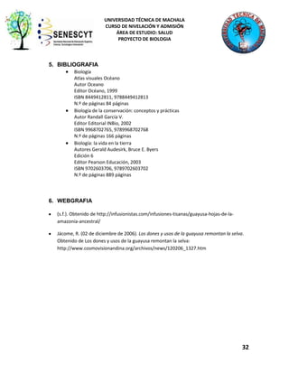 UNIVERSIDAD TÉCNICA DE MACHALA
CURSO DE NIVELACIÓN Y ADMISIÓN
ÁREA DE ESTUDIO: SALUD
PROYECTO DE BIOLOGIA

5. BIBLIOGRAFIA
Biología
Atlas visuales Océano
Autor Oceano
Editor Océano, 1999
ISBN 8449412811, 9788449412813
N.º de páginas 84 páginas
Biología de la conservación: conceptos y prácticas
Autor Randall García V.
Editor Editorial INBio, 2002
ISBN 9968702765, 9789968702768
N.º de páginas 166 páginas
Biología: la vida en la tierra
Autores Gerald Audesirk, Bruce E. Byers
Edición 6
Editor Pearson Educación, 2003
ISBN 9702603706, 9789702603702
N.º de páginas 889 páginas

6. WEBGRAFIA
(s.f.). Obtenido de http://infusionistas.com/infusiones-tisanas/guayusa-hojas-de-laamazonia-ancestral/
Jácome, R. (02 de diciembre de 2006). Los dones y usos de la guayusa remontan la selva.
Obtenido de Los dones y usos de la guayusa remontan la selva:
http://www.cosmovisionandina.org/archivos/news/120206_1327.htm

32

 