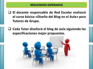 RESULTADOS ESPERADOS
 El docente responsable de Red Escolar realizará
el curso básico «Diseño del Blog en el Aula» para
Tutores de Grupo.
 Cada Tutor diseñará el blog de aula siguiendo las
especificaciones mejor propuestas.
 