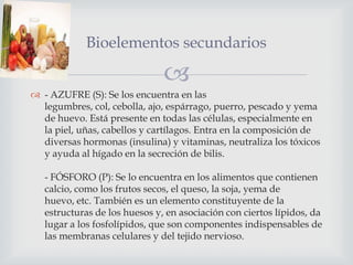 Bioelementos secundarios


 - AZUFRE (S): Se los encuentra en las
legumbres, col, cebolla, ajo, espárrago, puerro, pescado y yema
de huevo. Está presente en todas las células, especialmente en
la piel, uñas, cabellos y cartílagos. Entra en la composición de
diversas hormonas (insulina) y vitaminas, neutraliza los tóxicos
y ayuda al hígado en la secreción de bilis.
- FÓSFORO (P): Se lo encuentra en los alimentos que contienen
calcio, como los frutos secos, el queso, la soja, yema de
huevo, etc. También es un elemento constituyente de la
estructuras de los huesos y, en asociación con ciertos lípidos, da
lugar a los fosfolípidos, que son componentes indispensables de
las membranas celulares y del tejido nervioso.

 