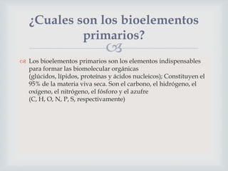 ¿Cuales son los bioelementos
primarios?



 Los bioelementos primarios son los elementos indispensables
para formar las biomolecular orgánicas
(glúcidos, lípidos, proteínas y ácidos nucleicos); Constituyen el
95% de la materia viva seca. Son el carbono, el hidrógeno, el
oxígeno, el nitrógeno, el fósforo y el azufre
(C, H, O, N, P, S, respectivamente)

 