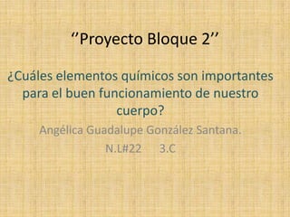 ‘’Proyecto Bloque 2’’
¿Cuáles elementos químicos son importantes
para el buen funcionamiento de nuestro
cuerpo?
Angélica Guadalupe González Santana.
N.L#22 3.C

 