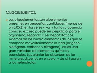 OLIGOELEMENTOS.


Los oligoelementos son bioelementos
presentes en pequeñas cantidades (menos de
un 0,05%) en los seres vivos y tanto su ausencia
como su exceso puede ser perjudicial para el
organismo, llegando a ser hepatotóxicos.
Además de los cuatro elementos de los que se
compone mayoritariamente la vida (oxígeno,
hidrógeno, carbono y nitrógeno), existe una
gran variedad de elementos químicos
esenciales. Las plantas los absorben de los
minerales disueltos en el suelo, y de ahí pasan
a los heterótrofos

 