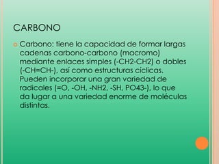 CARBONO


Carbono: tiene la capacidad de formar largas
cadenas carbono-carbono (macromo)
mediante enlaces simples (-CH2-CH2) o dobles
(-CH=CH-), así como estructuras cíclicas.
Pueden incorporar una gran variedad de
radicales (=O, -OH, -NH2, -SH, PO43-), lo que
da lugar a una variedad enorme de moléculas
distintas.

 