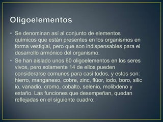 • Se denominan así al conjunto de elementos
químicos que están presentes en los organismos en
forma vestigial, pero que son indispensables para el
desarrollo armónico del organismo.
• Se han aislado unos 60 oligoelementos en los seres
vivos, pero solamente 14 de ellos pueden
considerarse comunes para casi todos, y estos son:
hierro, manganeso, cobre, zinc, flúor, iodo, boro, silic
io, vanadio, cromo, cobalto, selenio, molibdeno y
estaño. Las funciones que desempeñan, quedan
reflejadas en el siguiente cuadro:

 