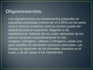 • Los oligoelementos son bioelementos presentes en
pequeñas cantidades (menos de un 0,05%) en los seres
vivos y tanto su ausencia como su exceso puede ser
perjudicial para el organismo, llegando a ser
hepatotóxicos. Además de los cuatro elementos de los
que se compone mayoritariamente la vida
(oxígeno, hidrógeno, carbono y nitrógeno), existe una
gran variedad de elementos químicos esenciales. Las
plantas los absorben de los minerales disueltos en el
suelo, y de ahí pasan a los heterótrofos

 
