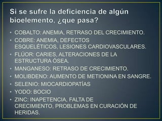 • COBALTO: ANEMIA, RETRASO DEL CRECIMIENTO.
• COBRE: ANEMIA, DEFECTOS
ESQUELÉTICOS, LESIONES CARDIOVASCULARES.
• FLÚOR: CARIES, ALTERACIONES DE LA
ESTRUCTURA ÓSEA.
• MANGANESO: RETRASO DE CRECIMIENTO.
• MOLIBDENO: AUMENTO DE METIONINA EN SANGRE.
• SELENIO: MIOCARDIOPATÍAS
• YODO: BOCIO
• ZINC: INAPETENCIA, FALTA DE
CRECIMIENTO, PROBLEMAS EN CURACIÓN DE
HERIDAS.

 