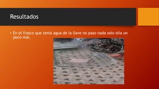 Resultados
• En el frasco que tenia agua de la llave no paso nada solo olía un
poco mal.
 