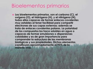 Bioelementos primarios


Los bioelementos primarios, son el carbono (C), el
oxígeno (O), el hidrógeno (H), y el nitrógeno (N),
todos ellos capaces de formar enlaces covalentes
muy estables al tener facilidad para compartir
electrones de sus capas externas; además se
trata de enlaces covalentes polares. La polaridad
de los compuestos los hace solubles en agua o
capaces de formar emulsiones o dispersiones
coloidales y es de gran importancia para
comprender la estructura de las membranas
biológicas y sus propiedades. Dichos elementos
constituyen aproximadamente el 95% de la
materia viva.

 