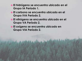  El

hidrógeno se encuentra ubicado en el
Grupo IA Período 1.
 El carbono se encuentra ubicado en el
Grupo IVA Período 2.
 El nitrógeno se encuentra ubicado en el
Grupo VA Período 2.
 El oxígeno se encuentra ubicado en
Grupo VIA Período 2.

 
