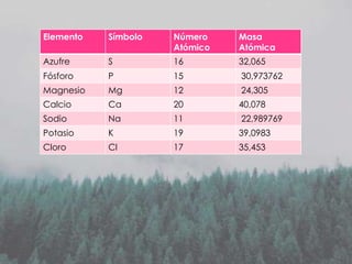 Elemento

Símbolo

Número
Atómico

Masa
Atómica

Azufre

S

16

32,065

Fósforo

P

15

30,973762

Magnesio

Mg

12

24,305

Calcio

Ca

20

40,078

Sodio

Na

11

22,989769

Potasio

K

19

39,0983

Cloro

Cl

17

35,453

 