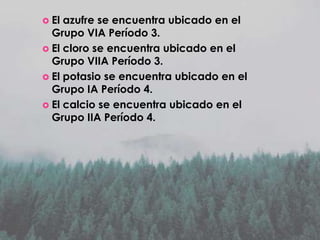  El

azufre se encuentra ubicado en el
Grupo VIA Período 3.
 El cloro se encuentra ubicado en el
Grupo VIIA Período 3.
 El potasio se encuentra ubicado en el
Grupo IA Período 4.
 El calcio se encuentra ubicado en el
Grupo IIA Período 4.

 