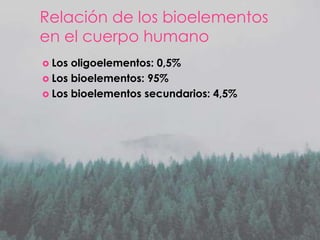 Relación de los bioelementos
en el cuerpo humano
 Los

oligoelementos: 0,5%
 Los bioelementos: 95%
 Los bioelementos secundarios: 4,5%

 