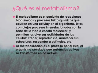 ¿Qué es el metabolismo?




El metabolismo es el conjunto de reacciones
bioquímicas y procesos físico-químicos que
ocurren en una célulay en el organismo. Estos
complejos procesos interrelacionados son la
base de la vida a escala molecular, y
permiten las diversas actividades de las
células: crecer, reproducirse, mantener sus
estructuras, responder a estímulos, etc.
La metabolización es el proceso por el cual el
organismo consigue que sustancias activas
se transformen en no activas.

 