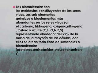  Las

biomoléculas son
las moléculas constituyentes de los seres
vivos. Los seis elementos
químicos o bioelementos más
abundantes en los seres vivos son
el carbono, hidrógeno, oxígeno,nitrógeno
, fósforo y azufre (C,H,O,N,P,S)
representando alrededor del 99% de la
masa de la mayoría de las células, con
ellos se crean todo tipos de sustancias o
biomoléculas
(proteínas,aminoácidos, neurotransmisore
s).

 
