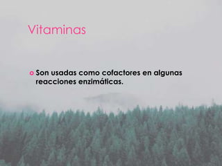 Vitaminas

 Son

usadas como cofactores en algunas
reacciones enzimáticas.

 