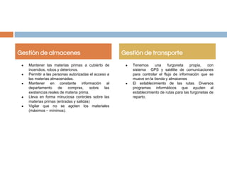 ● Mantener las materias primas a cubierto de
incendios, robos y deterioros.
● Permitir a las personas autorizadas el acceso a
las materias almacenadas.
● Mantener en constante información al
departamento de compras, sobre las
existencias reales de materia prima.
● Lleva en forma minuciosa controles sobre las
materias primas (entradas y salidas)
● Vigilar que no se agoten los materiales
(máximos – mínimos).
● Tenemos una furgoneta propia, con
sistema GPS y satélite de comunicaciones
para controlar el flujo de información que se
mueve en la tienda y almacenes
● El establecimiento de las rutas. Diversos
programas informáticos que ayuden al
establecimiento de rutas para las furgonetas de
reparto.
Gestión de almacenes Gestión de transporte
 