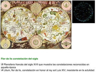 Flor de lis constelación del siglo
 Planisferio francés del siglo XVII que muestra las constelaciones reconocidas en
aquella época
 Lilium, flor de lis, constelación en honor al rey sol Luis XIV, inexistente en la actulidad

 