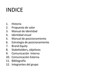 INDICE

1.    Historia
2.    Propuesta de valor
3.    Manual de identidad
4.    Identidad visual
5.    Manual de posicionamiento
6.    Estrategia de posicionamiento
7.    Brand Equity
8.    Stakeholders, objetivos
9.    Comunicación Interna
10.   Comunicación Externa
11.   Bibliografía
12.   Integrantes del grupo
 