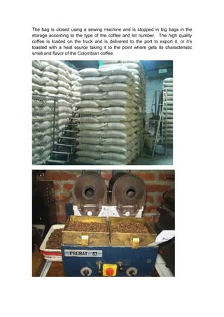 The bag is closed using a sewing machine and is stopped in big bags in the
storage according to the type of the coffee and lot number. The high quality
coffee is loaded on the truck and is delivered to the port to export it, or it’s
toasted with a heat source taking it to the point where gets its characteristic
smell and flavor of the Colombian coffee.
 