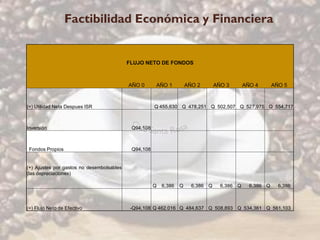 Factibilidad Económica y Financiera


                                           FLUJO NETO DE FONDOS



                                           AÑO 0      AÑO 1           AÑO 2       AÑO 3       AÑO 4       AÑO 5



(=) Utilidad Neta Despues ISR                         Q 455,630 Q 478,251 Q 502,507 Q 527,975 Q 554,717



Inversión                                   Q94,108



 Fondos Propios                             Q94,108


(+) Ajustes por gastos no desembolsables
(las depreciaciones)

                                                      Q   6,386   Q     6,386 Q     6,386 Q     6,386 Q     6,386



(=) Flujo Neto de Efectivo                  -Q94,108 Q 462.016 Q 484,637 Q 508,893 Q 534,361 Q 561,103
 