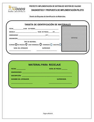 Página 4 de 6
PROYECTO IMPLEMENTACIÓN DE SISTEMA DE GESTIÓN DE CALIDAD
DIAGNOSTICO Y PROPUESTA DE IMPLEMENTACIÓN PILOTO
Diseño de Etiquetas de Identificación de Materiales.
MATERIAL PARA RECICLAJE
FECHA: ___________ NÚM.DE PIEZAS: _______
DIMENSIONES: ____________________________________________________________
DESCRIPCIÓN: ____________________________________________________________
NOMBRE DEL OPERADOR SUPERVISOR.
__________________________ ____________________________
TARJETA DE IDENTIFICACIÓN DE MATERIALES
FECHA______________NUM. DE PEDIDO_______________________________
MODELO _____________________________ NUM. DE PIEZAS.______DE______
DIMENSIONES ____________________________________O.T_______________
DESCRIPCIÓN_______________________________________________________
TIPO DE MATERIAL
M.PRIMA EN PROCESO SEMI TERMINADO TERMINADO MUESTRA
NOM. DEL OPERADOR SUPERVISOR
_____________________________ ___________________________
ESTATUS
 