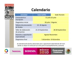 Calendario
       Actividad                   Sede Saltillo               Sede Torreón
Convocatoria e                                 11 julio-25 julio
inscripción
Diagnóstico inicial                           26 julio- 3 Agosto
Talleres de procuración           22- 26 Agosto
de fondos
Taller de elaboración           21-23 Septiembre             28-30 Septiembre
de proyectos
Asesoría y capacitación                       Agosto-Noviembre
especializada
Diagnóstico final                        5 diciembre -14 diciembre

  Se calendarizarán fechas adicionales para: capacitación dependiendo del nivel
   donde se ubique la institución así como para el acompañamiento y asesoría.
 