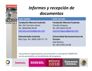 Informes y recepción de
                documentos
Sede Saltillo                         Sede Torreón
Fundación Merced Coahuila             Fundación Merced Coahuila
Ma. Del Carmen Lainez.                Claudia Vazquez.
Tel. (844)430-99-03                   Tel. (871)263-93-50
merced.sureste@gmail.com              merced.laguna@gmail.com

Voluntariado Coahuila                 Universidad Iberoamericana de
Rita Ceja. Tel. (844) 438-73 -73      Torreón
                                      Saúl Ramos.
                                      Tel. (871)705-10-09


•Las primeras organizaciones que presenten su inscripción COMPLETA
son las que podrán ser beneficiarias del programa.
 