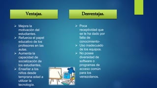 Ventajas. Desventajas.
 Mejora la
motivación del
estudiantes.
 Refuerza el papel
educativo de los
profesores en las
aulas.
 Aumenta la
capacidad de
socialización de
los estudiantes,
 Enseñar a los
niños desde
temprana edad a
utilizar la
tecnología.
 Poca
receptividad que
se le ha dado por
falta de
conocimiento-
 Uso inadecuado
de los equipos.
 No posee
diversidad de
software o
programas de
acceso común
para los
venezolanos.
 