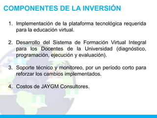 COMPONENTES DE LA INVERSIÓN

 1. Implementación de la plataforma tecnológica requerida
    para la educación virtual.

 2. Desarrollo del Sistema de Formación Virtual Integral
    para los Docentes de la Universidad (diagnóstico,
    programación, ejecución y evaluación).

 3. Soporte técnico y monitoreo, por un período corto para
    reforzar los cambios implementados.

 4. Costos de JAYGM Consultores.
 