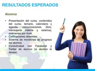 RESULTADOS ESPERADOS

 Alumno

 •   Presentación del curso, contenidos
     del curso, temario, calendario y
     agenda,     comunicaciones   (foro,
     mensajería interna y externa),
     exámenes por nivel.
 •   Calificaciones obtenidas
 •   Sistema de monitoreo de progreso
     del alumno.
 •   Conectividad con Facebook y
     Twitter de alumno (si alumno lo
     desea).
 