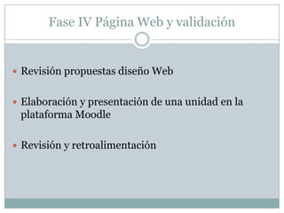 Fase IV Página Web y validaciónRevisión propuestas diseño WebElaboración y presentación de una unidad en la plataforma MoodleRevisión y retroalimentación 