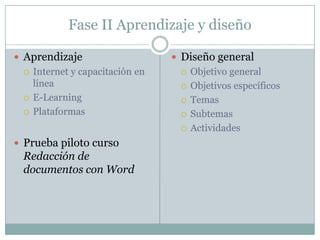 Fase II Aprendizaje y diseñoAprendizajeInternet y capacitación en líneaE-LearningPlataformasPrueba piloto curso Redacción de documentos con WordDiseño generalObjetivo generalObjetivos específicosTemasSubtemasActividades
