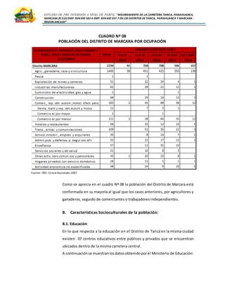 ESTUDIO DE PRE INVERSIÓN A NIVEL DE PERFIL:”MEJORAMIENTO DE LA CARRETERA TARICA, PARIAHUANCA,
MARCARA (R.533)EMP. R3N KM 583 A EMP. R3N KM 597.7 EN LOS DISTRITOS DETARICA, PARIAHUANCA Y MARCARA -
REGION ANCASH”
CUADRO Nº 08
POBLACIÓN DEL DISTRITO DE MARCARA POR OCUPACIÓN
Fuente: INEI-Censos Nacionales 2007
Como se aprecia en el cuadro Nº 08 la población del Distrito de Marcara está
conformada en su mayoría al igual que los casos anteriores, por agricultores y
ganaderos, seguido de comerciantes o trabajadores independientes.
B. Características Socioculturales de la población:
B.1. Educación:
En lo que respecta a la educación en el Distrito de Taricá en la misma ciudad
existen 07 centros educativos entre públicos y privados que se encuentran
ubicados dentro de la misma carretera central.
A continuaciónse muestranlosdatosobtenidoporel Ministerio de Educación:
 
