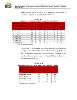 ESTUDIO DE PRE INVERSIÓN A NIVEL DE PERFIL:”MEJORAMIENTO DE LA CARRETERA TARICA, PARIAHUANCA,
MARCARA (R.533)EMP. R3N KM 583 A EMP. R3N KM 597.7 EN LOS DISTRITOS DETARICA, PARIAHUANCA Y MARCARA -
REGION ANCASH”
Para el caso del Distrito de Marcara no es la excepción 5914 personas no
cuentan con seguro de salud, solo 2111 está afiliada al SIS.
CUADRO N° 17
POBLACIÓN DE MARCARA AFILIADO A ALGUN SEGURO DE SALUD
Fuente: INEI-Censos Nacionales 2007
Según el INEI en el año 2008 el Distrito con mayor número de nacimientos
registrados es el Distrito de Marcara con 272 nacimientos, seguido de Taricá
con 133 nacimientos, esto debido a la cantidad de población que hay en cada
uno de los distritos. Lo mismo ocurre en el cuadro Nº 19 con las defunciones
registradas para cada Distrito.
CUADRO N° 18
NACIMIENTOS REGISTRADOS POR SEXO, SEGÚN PROVINCIA Y DISTRITO
Fuente: INEI-Censos Nacionales 2007
 