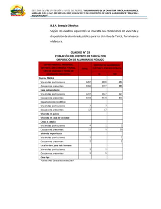 ESTUDIO DE PRE INVERSIÓN A NIVEL DE PERFIL:”MEJORAMIENTO DE LA CARRETERA TARICA, PARIAHUANCA,
MARCARA (R.533)EMP. R3N KM 583 A EMP. R3N KM 597.7 EN LOS DISTRITOS DETARICA, PARIAHUANCA Y MARCARA -
REGION ANCASH”
B.3.4. Energía Eléctrica:
Según los cuadros siguientes se muestra las condiciones de vivienda y
disposiciónde alumbradopúblicopara los distritos de Taricá, Pariahuanca
y Marcara.
CUADRO N° 29
POBLACIÓN DEL DISTRITO DE TARICÁ POR
DISPOSICIÓN DE ALUMBRADO PÚBLICO
Fuente: INEI-Censos Nacionales 2007
 