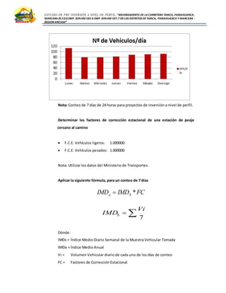 ESTUDIO DE PRE INVERSIÓN A NIVEL DE PERFIL:”MEJORAMIENTO DE LA CARRETERA TARICA, PARIAHUANCA,
MARCARA (R.533)EMP. R3N KM 583 A EMP. R3N KM 597.7 EN LOS DISTRITOS DETARICA, PARIAHUANCA Y MARCARA -
REGION ANCASH”
Nota: Conteo de 7 días de 24 horas para proyectos de inversión a nivel de perfil.
Determinar los factores de corrección estacional de una estación de peaje
cercano al camino
 F.C.E. Vehículos ligeros: 1.000000
 F.C.E. Vehículos pesados: 1.000000
Nota: Utilizar los datos del Ministerio de Transportes.
Aplicar la siguiente fórmula, para un conteo de 7 días
Dónde:
IMDs = Índice Medio Diario Semanal de la Muestra Vehicular Tomada
IMDa = Índice Medio Anual
Vi = Volumen Vehicular diario de cada uno de los días de conteo
FC = Factores de Corrección Estacional

7
Vi
IMDS
FCIMDIMD Sa *
 