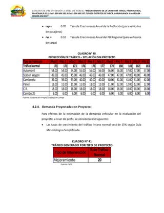 ESTUDIO DE PRE INVERSIÓN A NIVEL DE PERFIL:”MEJORAMIENTO DE LA CARRETERA TARICA, PARIAHUANCA,
MARCARA (R.533)EMP. R3N KM 583 A EMP. R3N KM 597.7 EN LOS DISTRITOS DETARICA, PARIAHUANCA Y MARCARA -
REGION ANCASH”
 rvp = 0.70 Tasa de CrecimientoAnual de la Población (para vehículos
de pasajeros)
 rvc = 0.10 Tasa de CrecimientoAnual del PBIRegional (paravehículos
de carga)
CUADRO N° 40
PROYECCIÓN DE TRÁFICO – SITUACIÓN SIN PROYECTO
Fuente: Elaboración Propia/ Trabajo deCampo
4.2.4. Demanda Proyectada con Proyecto:
Para efectos de la estimación de la demanda vehicular en la evaluación del
proyecto, a nivel de perfil, se considerara lo siguiente:
 Las tasas de crecimiento del tráfico liviano normal será de 15% según Guía
Metodológica Simplificada.
CUADRO N° 41
TRÁFICO GENERADO POR TIPO DE PROYECTO
Fuente: MTC
Tipode Vehículo Año0 Año1 Año2 Año3 Año4 Año5 Año6 Año7 Año8 Año9 Año10
TráficoNormal 173 173 173 176 176 177 178 180 181 182 183
Automovil 54.00 54.00 54.00 55.00 55.00 56.00 56.00 56.00 57.00 57.00 57.00
StationWagon 45.00 45.00 45.00 46.00 46.00 46.00 47.00 47.00 47.00 48.00 48.00
Camioneta 39.00 39.00 39.00 40.00 40.00 40.00 40.00 41.00 41.00 41.00 42.00
Panel 11.00 11.00 11.00 11.00 11.00 11.00 11.00 12.00 12.00 12.00 12.00
C.R. 18.00 18.00 18.00 18.00 18.00 18.00 18.00 18.00 18.00 18.00 18.00
Camión2E 6.00 6.00 6.00 6.00 6.00 6.00 6.00 6.00 6.00 6.00 6.00
% de Tráfico
Normal
Mejoramiento 20
Tipode Intervención
 