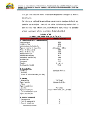 ESTUDIO DE PRE INVERSIÓN A NIVEL DE PERFIL:”MEJORAMIENTO DE LA CARRETERA TARICA, PARIAHUANCA,
MARCARA (R.533)EMP. R3N KM 583 A EMP. R3N KM 597.7 EN LOS DISTRITOS DETARICA, PARIAHUANCA Y MARCARA -
REGION ANCASH”
vial, que será adecuada tanto para el tránsito peatonal como para el tránsito
de vehículos.
Así mismo se realizará la operación y mantenimiento oportuno de la vía por
parte de los Municipios Distritales de Taricá, Pariahuanca y Marcara para su
conservación; y de esta manera poder ofrecer al transportista y al poblador
una vía segura y en óptimas condiciones de transitabilidad.
CUADRO N° 44
ALTERNATIVA TECNICA DE SOLUCIÓN N°01
Fuente: Elaboración Propia
CARRETERA TRAMO I. e=25 cm
1. Características de la Vía y Pavimento
Longitud (km) 8.66
IMD (Veh./día) 173
Velocidad de diseño (km/h) 40.00
Tipo de material de Superficie Afirmado e = 0.25 m
Ancho de Calzada (m) 6.50
Ancho de Berma (m) 0.90
Radio mínimo (m) 70.00
Perlate Máximo (%) 8.00
Pendiente Máxima (%) 7.83
Bombeo (%) 2.50
Plazoletas 0.00
Taludes H 1: V 1.5
Señalización (Unid.) 55.00
2. Obras de Arte.
.Pontones Concreto Armado
. Badenes
. Muros de Sostenimiento (h<4.50m)
3. Drenaje
. Alcantarillas TMC D=36"
Tipo y Sección Circular, D=0.90m
. Tajeas
Tipo y Sección (cm)
. Cunetas Revestida
Tipo y Sección (cm) Trapesoidal/B=1.00, b=0.5, H=0.50
. Canaleta de Coronación
Tipo y Sección (cm)
4. Impacto Ambiental
. Campamento Si
. Patio de Maquinaria Si
. Zona de Botaderos Si
 