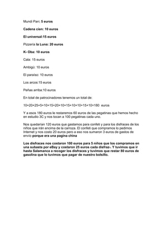 Mundi Pan: 5 euros
Cadena cien: 10 euros
El universal:15 euros
Pizzería la Luna: 20 euros
K- Oba: 10 euros
Cala: 15 euros
Ambigú: 10 euros
El paraíso: 10 euros
Los arcos:15 euros
Peñas arriba:10 euros
En total de patrocinadores tenemos un total de:
10+20+25+5+10+15+20+10+15+10+10+15+10=180 euros
Y a esos 180 euros le restaremos 60 euros de las pegatinas que hemos hecho
en estudio 3C y nos tocan a 100 pegatinas cada uno.
Nos quedarían 120 euros que gastamos para confeti y para los disfraces de los
niños que irán encima de la carroza. El confeti que compramos lo pedimos
Internet y nos costo 20 euros pero a eso nos sumaron 3 euros de gastos de
envío porque era una pagina china
Los disfraces nos costaron 100 euros para 5 niños que los compramos en
una subasta por eBay y costaron 25 euros cada disfraz-. Y tuvimos que ir
hasta Salamanca a recoger los disfraces y tuvimos que restar 80 euros de
gasolina que lo tuvimos que pagar de nuestro bolsillo.
 